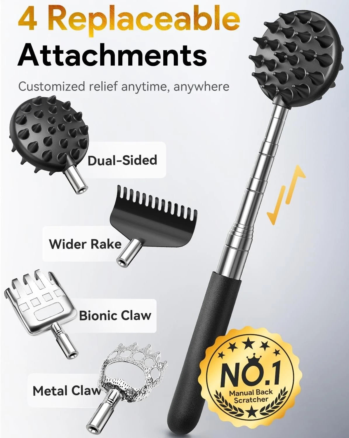 Compact Telescoping Back Scratcher - Featuring 4 Heads for Ultimate Relaxation
