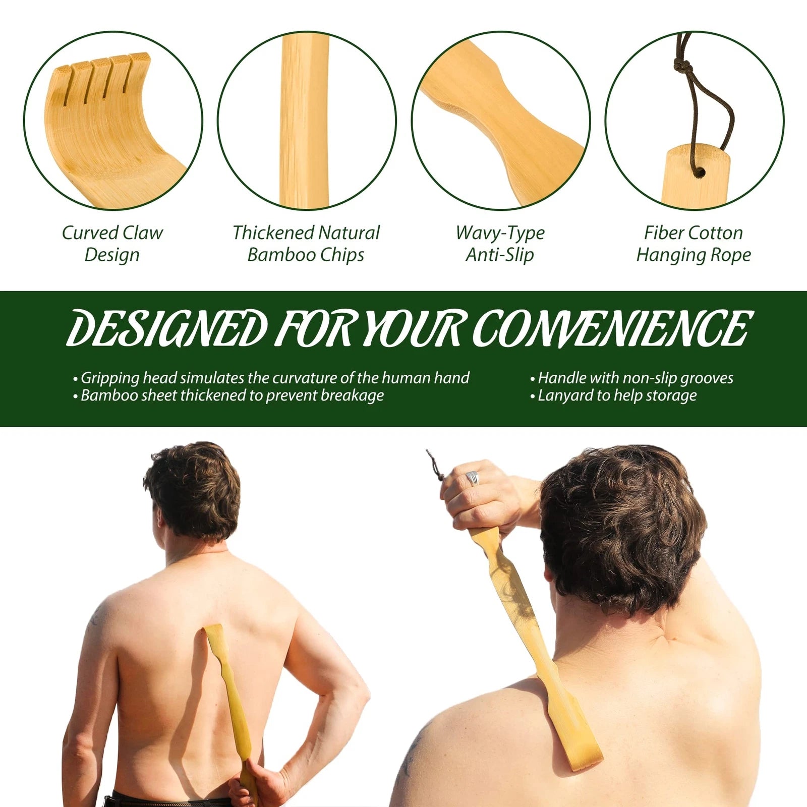 2 Pack Wooden Bamboo Back Scratcher Body Relaxation Massager for Itch Relief