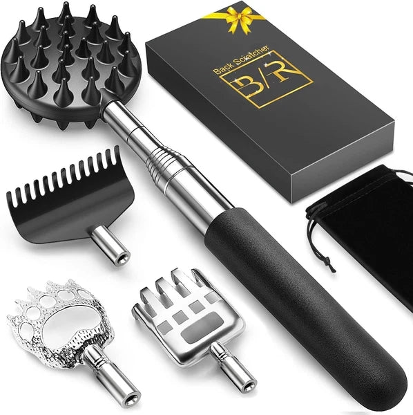 Compact Telescoping Back Scratcher - Featuring 4 Heads for Ultimate Relaxation