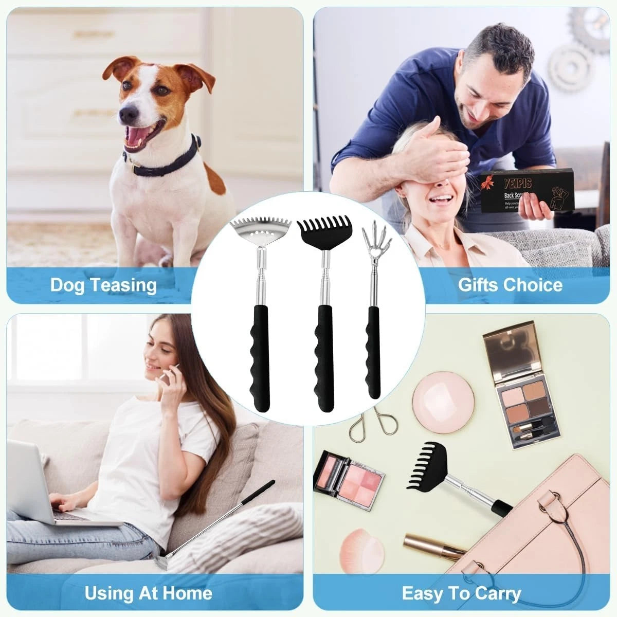 3 Pack Metal Portable Telescoping Back Scratchers with Rubber Handles