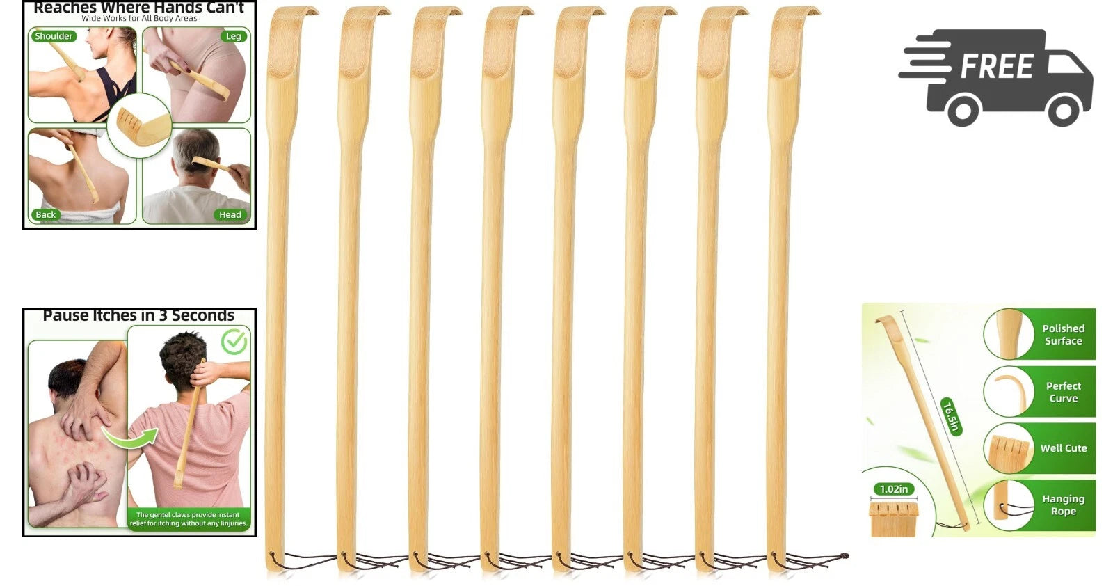 Back Scratchers 8 Pack Bamboo Long Handle Body Massagers for Adults Men Women