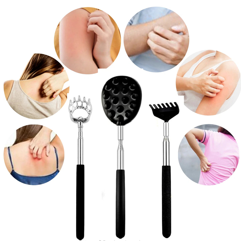 Stainless Steel & Rubber Extendable 30“ Back Scratcher with 3 Detachable Heads