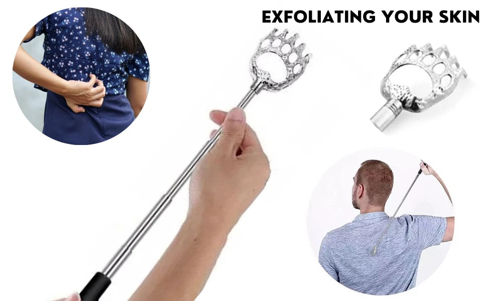 Stainless Steel & Rubber Extendable 30“ Back Scratcher with 3 Detachable Heads