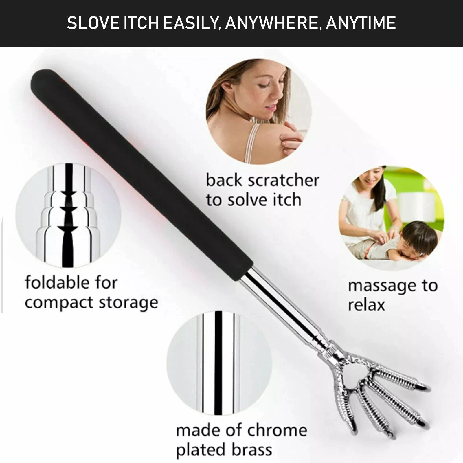 Extendable Back Scratcher Metal Telescopic Eagle Claw Portable Black Massager UK