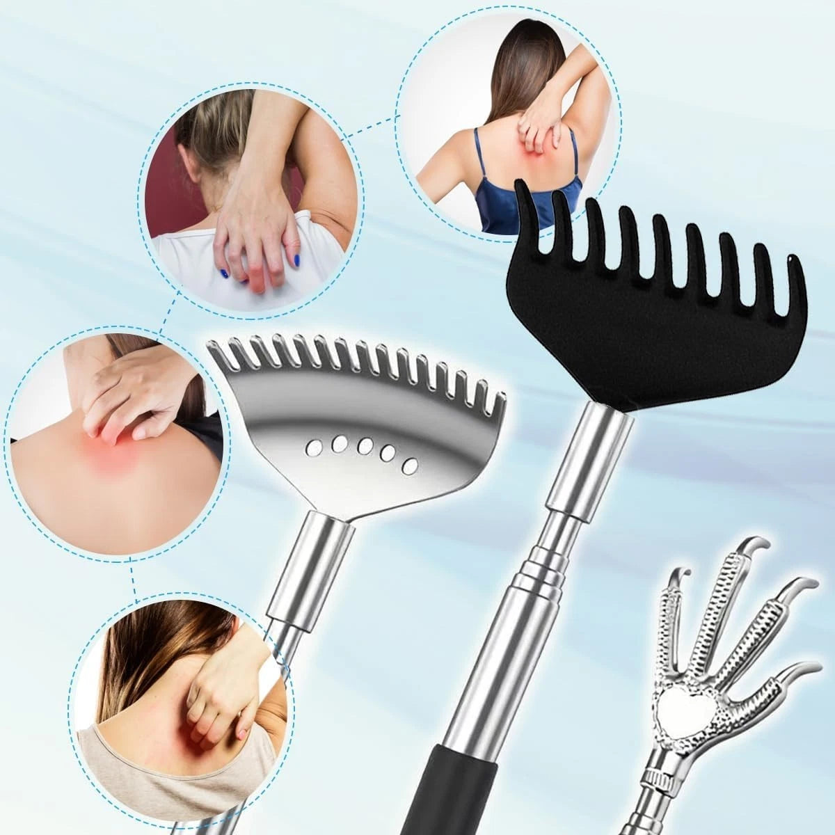 3 Pack Metal Portable Telescoping Back Scratchers with Rubber Handles