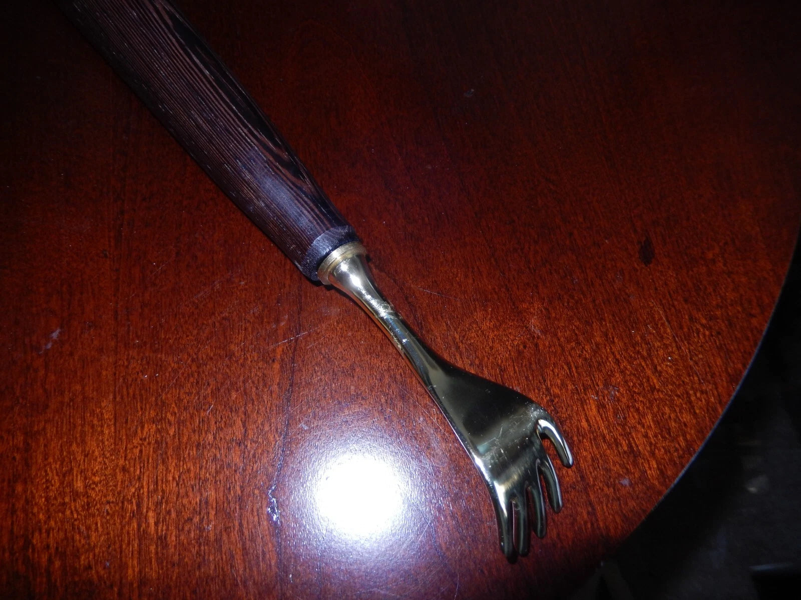 Vintage Rolled Wood, Brass Hand Back Scratcher