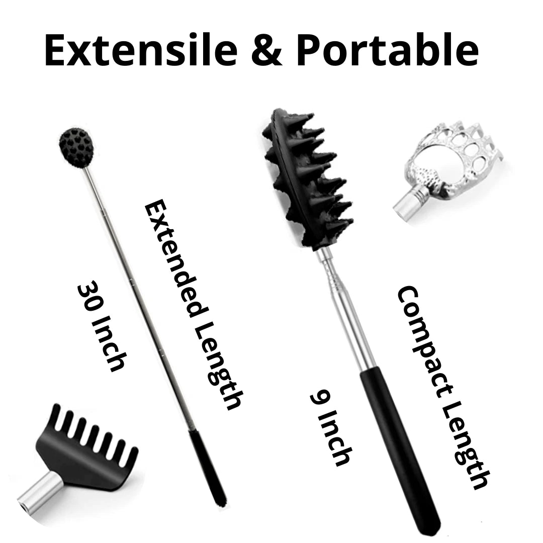 Stainless Steel & Rubber Extendable 30“ Back Scratcher with 3 Detachable Heads