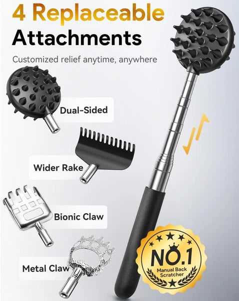 Compact Telescoping Back Scratcher - Featuring 4 Heads for Ultimate Relaxation