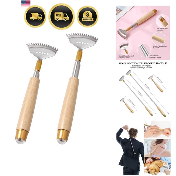 Back Scratchers Extendable Metal Wooden Handle Massage Roller 2 Pack